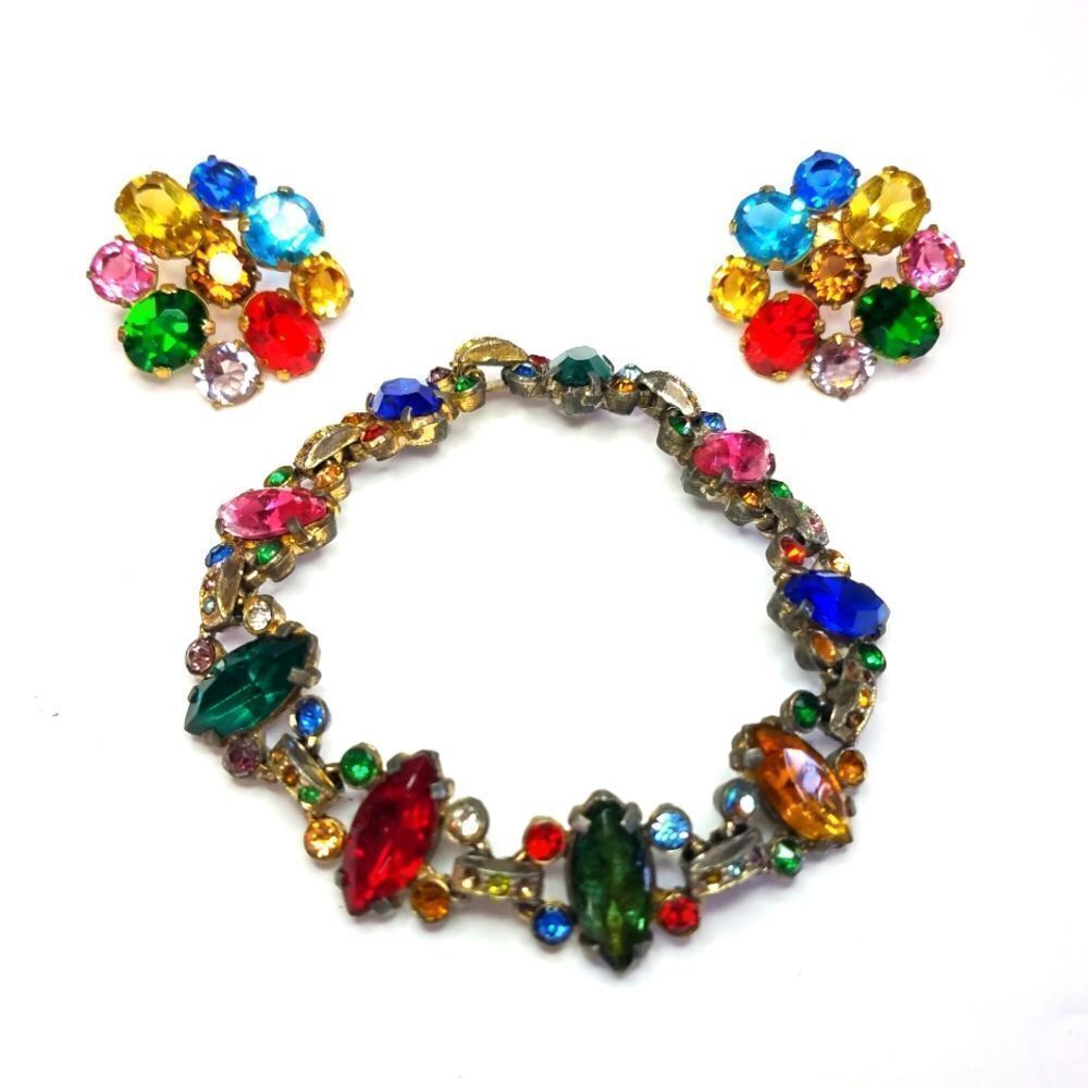 Vintage Jewel Tone Rhinestone Demi Parure Pot Metal Bracelet Screw Back Earrings